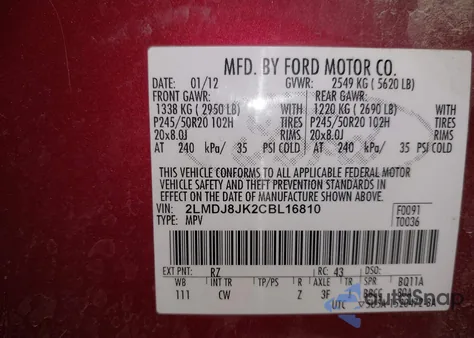 2012 Lincoln Mkx z USA, uszkodzony, nr VIN 2LMDJ8JK2CBL16810